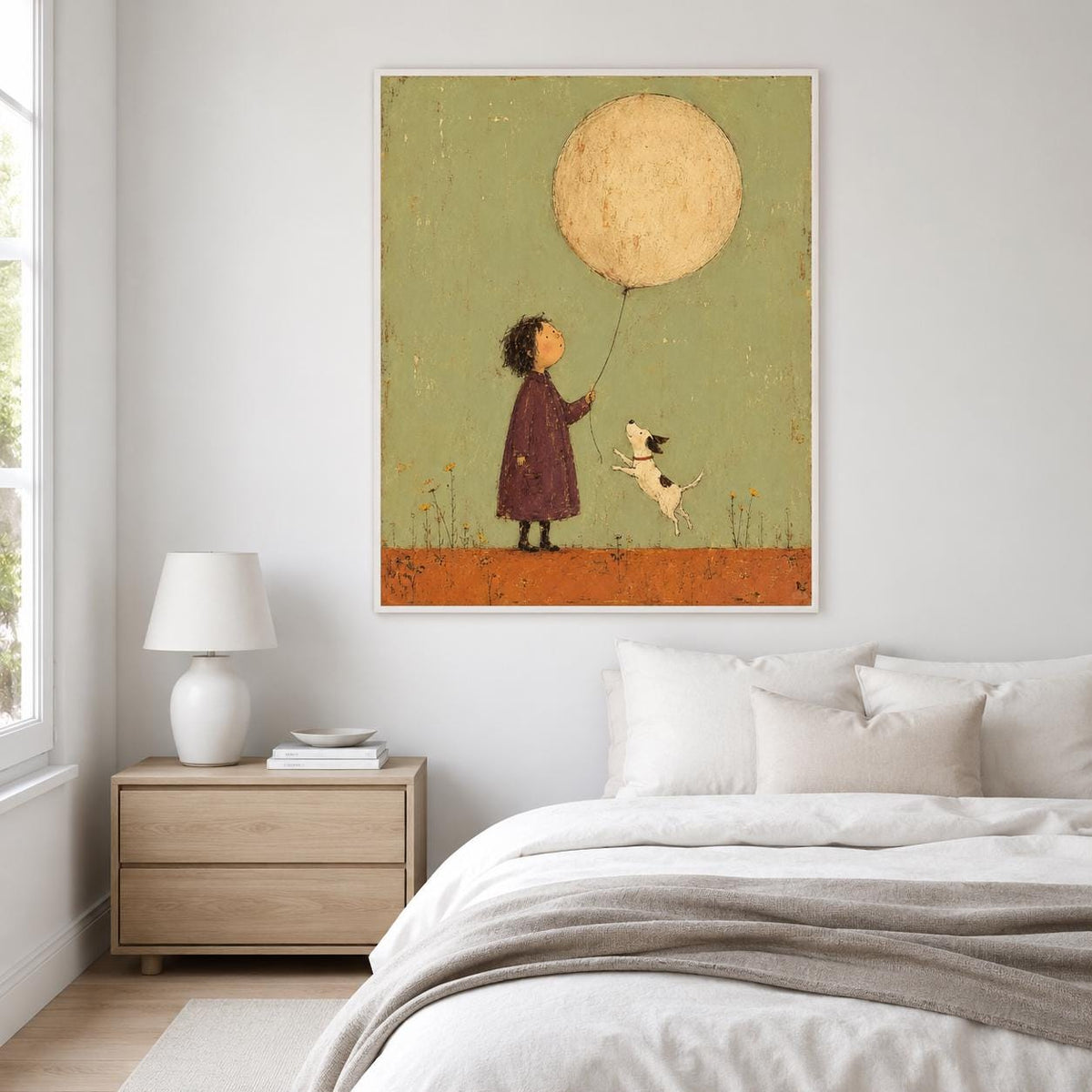 May include: A framed wall art print featuring a child in a dark purple coat holding a string attached to a large, round, beige balloon. A small white and black dog jumps toward the balloon against a muted green background and orange ground.