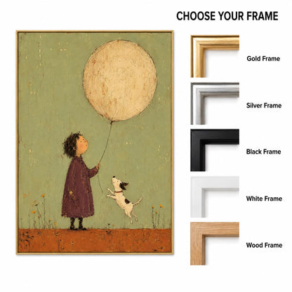 May include: A framed wall art print featuring a child in a purple coat holding a large beige balloon with a small white and black dog jumping nearby. The text CHOOSE YOUR FRAME is displayed next to five frame options: gold, silver, black, white, and wood.