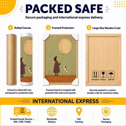 May include: A visual guide showing three packaging methods: a rolled canvas in a protective tube, a framed print with corner guards, and a large wooden crate. The crate features icons and text: THIS SIDE UP, FRAGILE, and KEEP DRY. Icons for delivery are included.