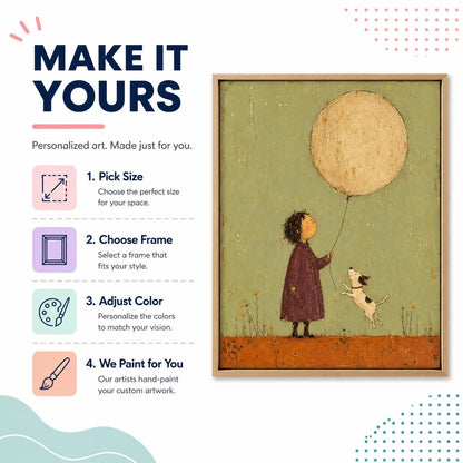 May include: A framed painting featuring a person in a dark purple coat standing in a field with a small white and black dog looking up at a large beige balloon. The text reads MAKE IT YOURS, 1. Pick Size, 2. Choose Frame, 3. Adjust Color, 4. We Paint for You.