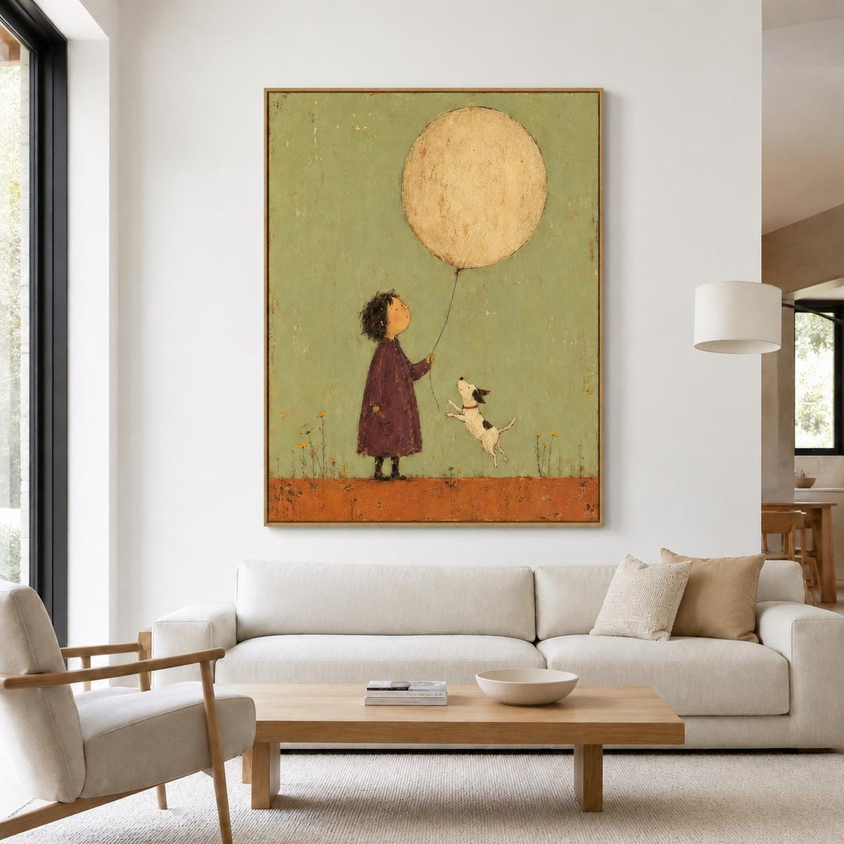 May include: A framed wall art print featuring a child in a dark purple coat holding a string attached to a large, round, beige balloon. A small white and black dog jumps toward the balloon against a muted green background and orange ground.
