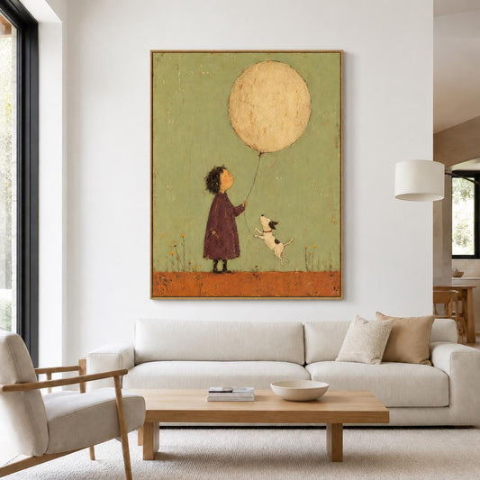 May include: A framed wall art print featuring a child in a dark purple coat holding a string attached to a large, round, beige balloon. A small white and black dog jumps toward the balloon against a muted green background and orange ground.