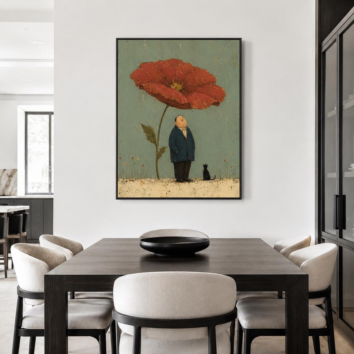 May include: A framed wall art print featuring a stylized illustration of a person in a dark blue suit standing beneath a large, vibrant red poppy flower, accompanied by a small black cat on a textured, muted green and beige background.