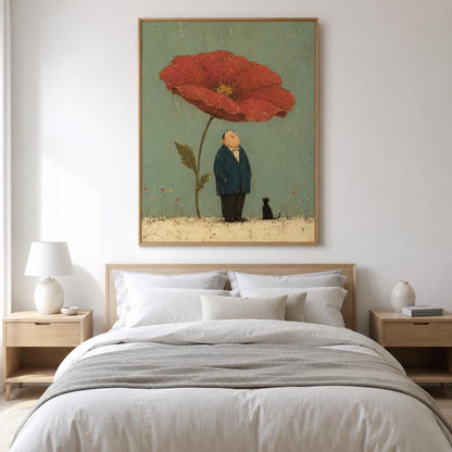 May include: A framed wall art print featuring a large red poppy flower, a person in a dark blue suit standing underneath it, and a small black cat sitting on a light beige ground against a muted green background.