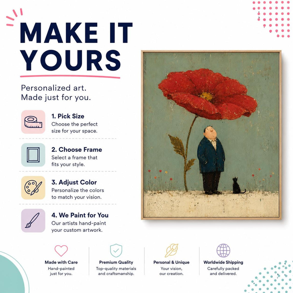 May include: A framed painting featuring a person in a dark suit standing under a large red flower with a small black cat nearby. The text reads MAKE IT YOURS, Personalized art. Made just for you. 1. Pick Size, 2. Choose Frame, 3. Adjust Color, 4. We Paint for You.