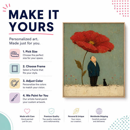 May include: A framed painting featuring a person in a dark suit standing under a large red flower with a small black cat nearby. The text reads MAKE IT YOURS, Personalized art. Made just for you. 1. Pick Size, 2. Choose Frame, 3. Adjust Color, 4. We Paint for You.