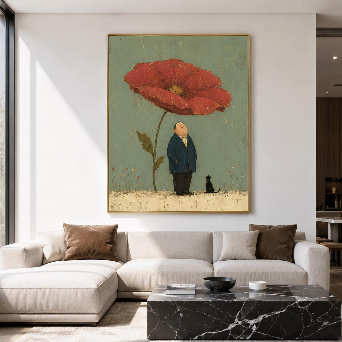 May include: A framed wall art print featuring a large red poppy flower towering over a small figure in a dark blue suit and a black cat. The background is a muted sage green with a textured, light-colored ground and small floral accents.