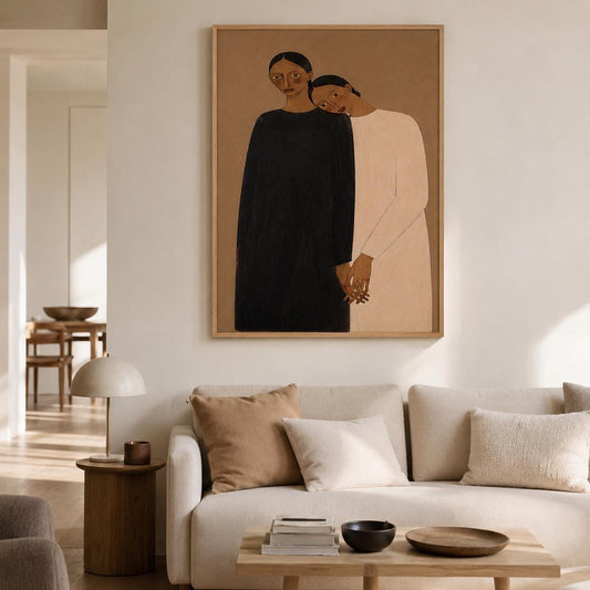 Intimate Women Portrait Wall Art Brown Neutral Figurative Canvas Painting for Modern Bedroom Decor