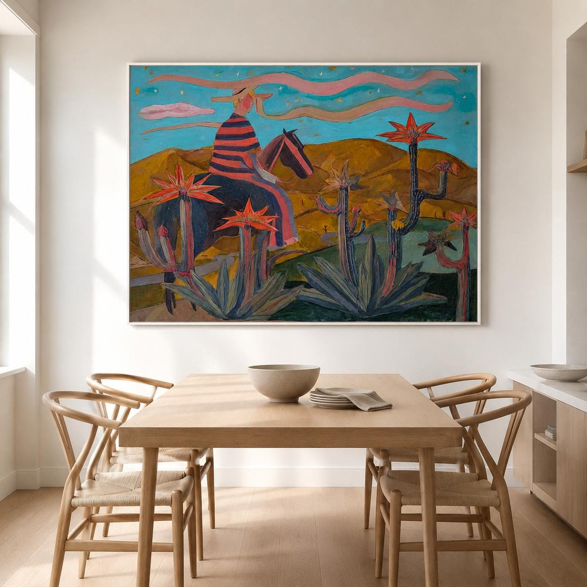 Western Cowboy Wall Art Blue Red Cactus Canvas Painting for Rustic Office Decor