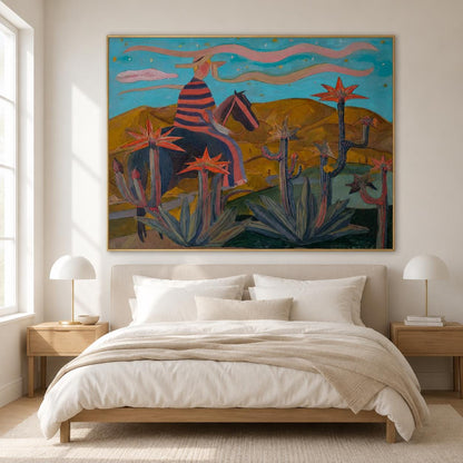 Western Cowboy Wall Art Blue Red Cactus Canvas Painting for Rustic Office Decor