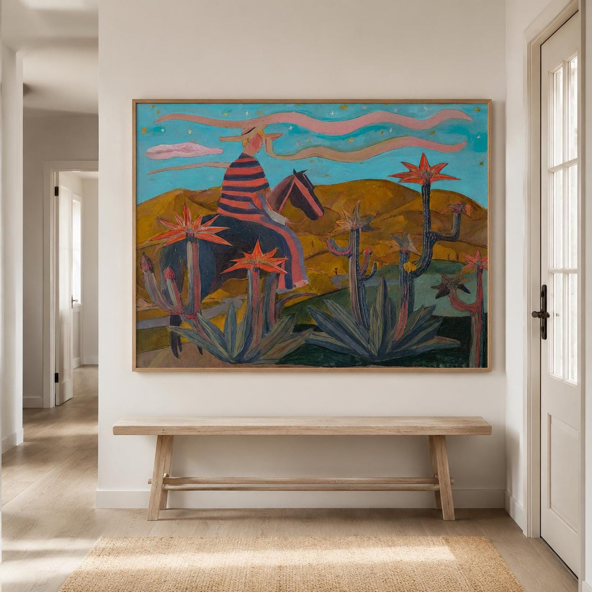 Western Cowboy Wall Art Blue Red Cactus Canvas Painting for Rustic Office Decor