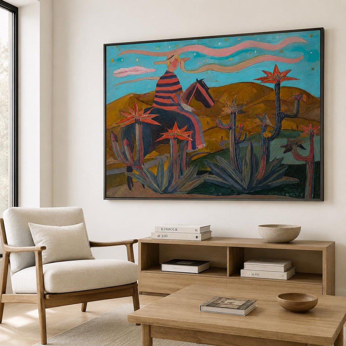 Western Cowboy Wall Art Blue Red Cactus Canvas Painting for Rustic Office Decor