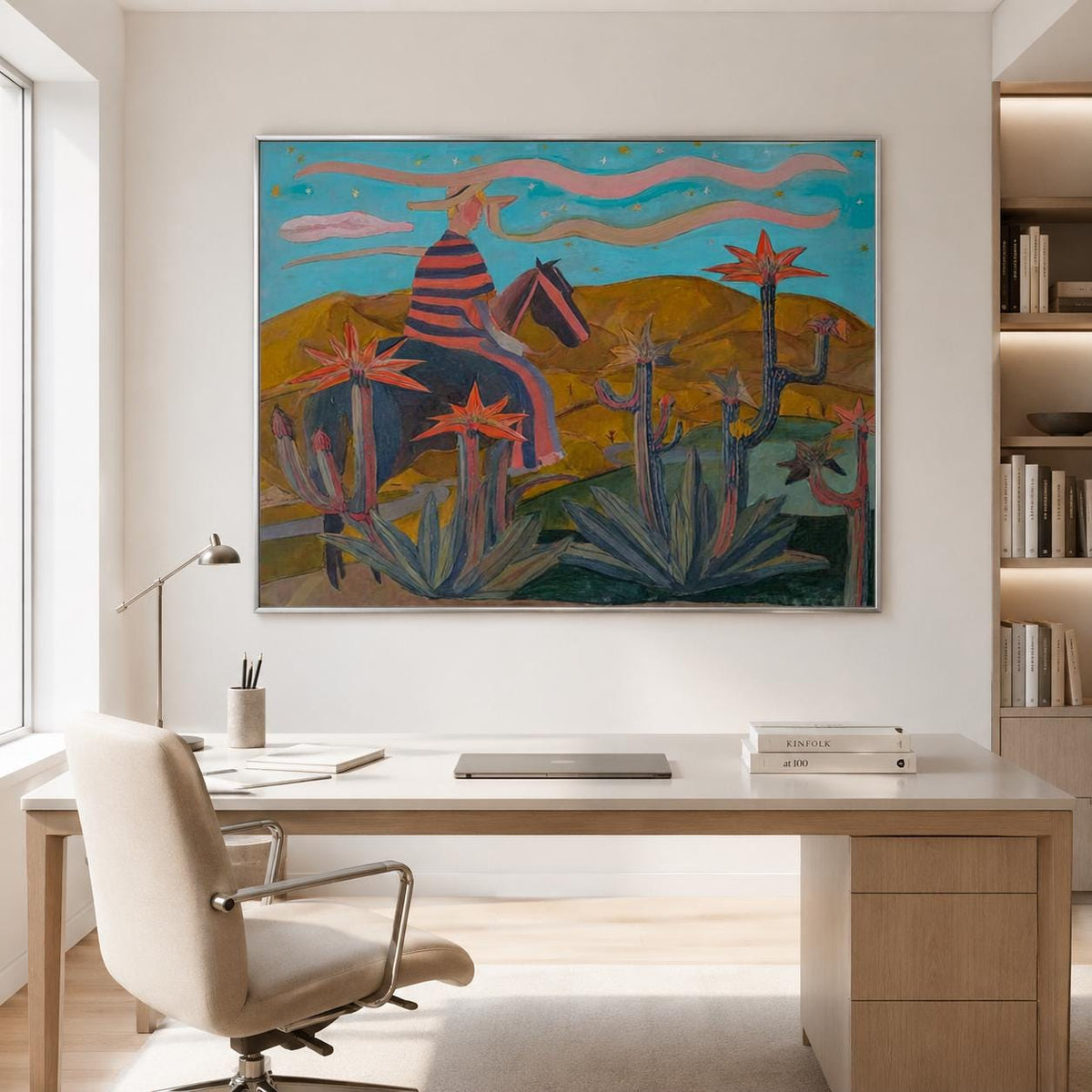 Western Cowboy Wall Art Blue Red Cactus Canvas Painting for Rustic Office Decor