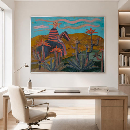 Western Cowboy Wall Art Blue Red Cactus Canvas Painting for Rustic Office Decor