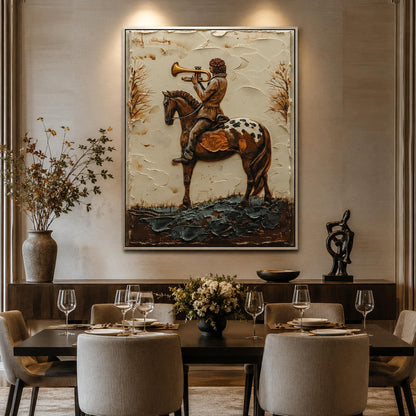 Gold and Grey Impasto Horse Animal Wall Art – Boy Horse Trumpet Painting Vintage Storybook Canvas Whimsical Wall Art Decor
