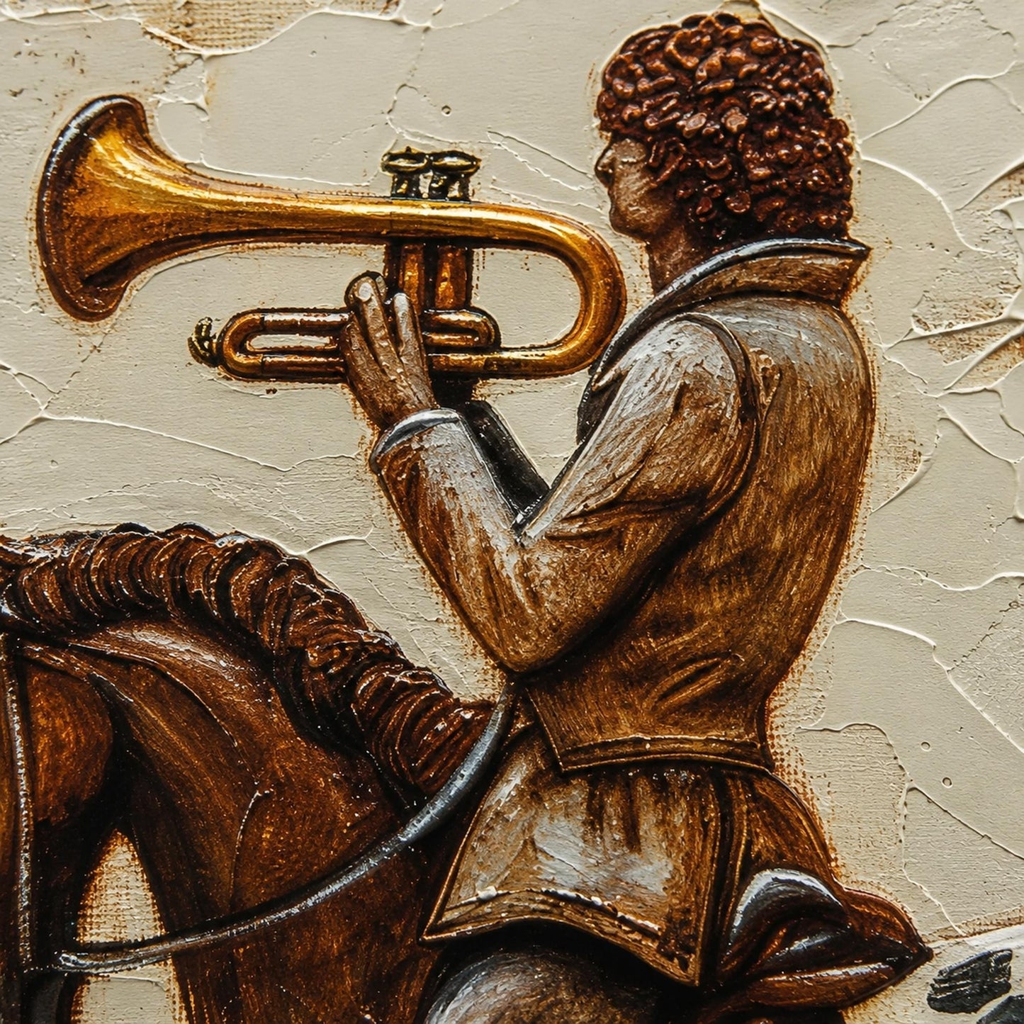 Gold and Grey Impasto Horse Animal Wall Art – Boy Horse Trumpet Painting Vintage Storybook Canvas Whimsical Wall Art Decor