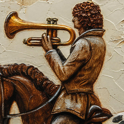 Gold and Grey Impasto Horse Animal Wall Art – Boy Horse Trumpet Painting Vintage Storybook Canvas Whimsical Wall Art Decor