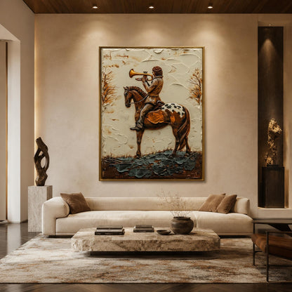 Boy Horse Trumpet Painting Vintage Storybook Canvas Whimsical Wall Art Decor – Gold and Grey Horse Animal Wall Art | Impasto 