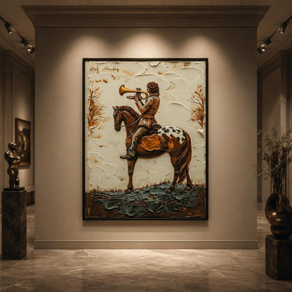 Boy Horse Trumpet Painting Vintage Storybook Canvas Whimsical Wall Art Decor – Gold and Grey Horse Animal Wall Art | Impasto 