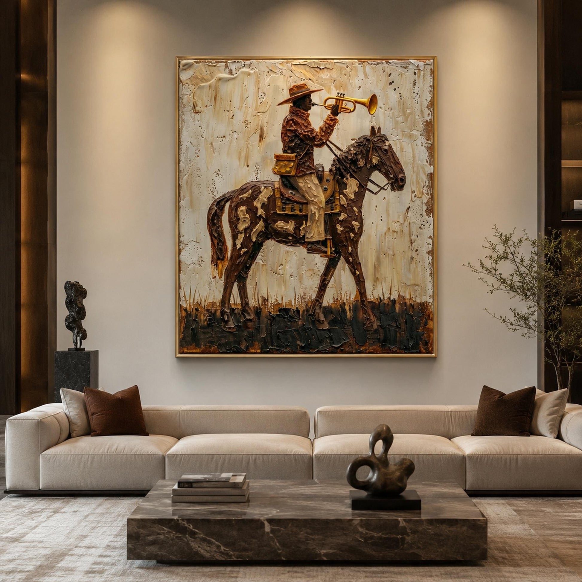 Cowboy Horse Trumpet Painting Western Vintage Canvas Rustic Wall Art Decor – Gold and Cream Horse Animal Wall Art | Impasto P
