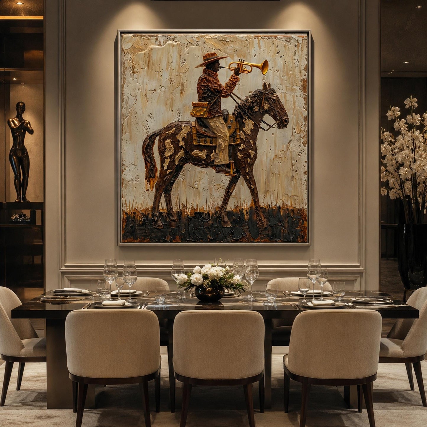 Cowboy on Spotted Horse Trumpet Painting – Gold and Cream Impasto Animal Wall Art