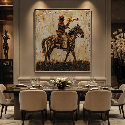 Cowboy on Spotted Horse Trumpet Painting – Gold and Cream Impasto Animal Wall Art