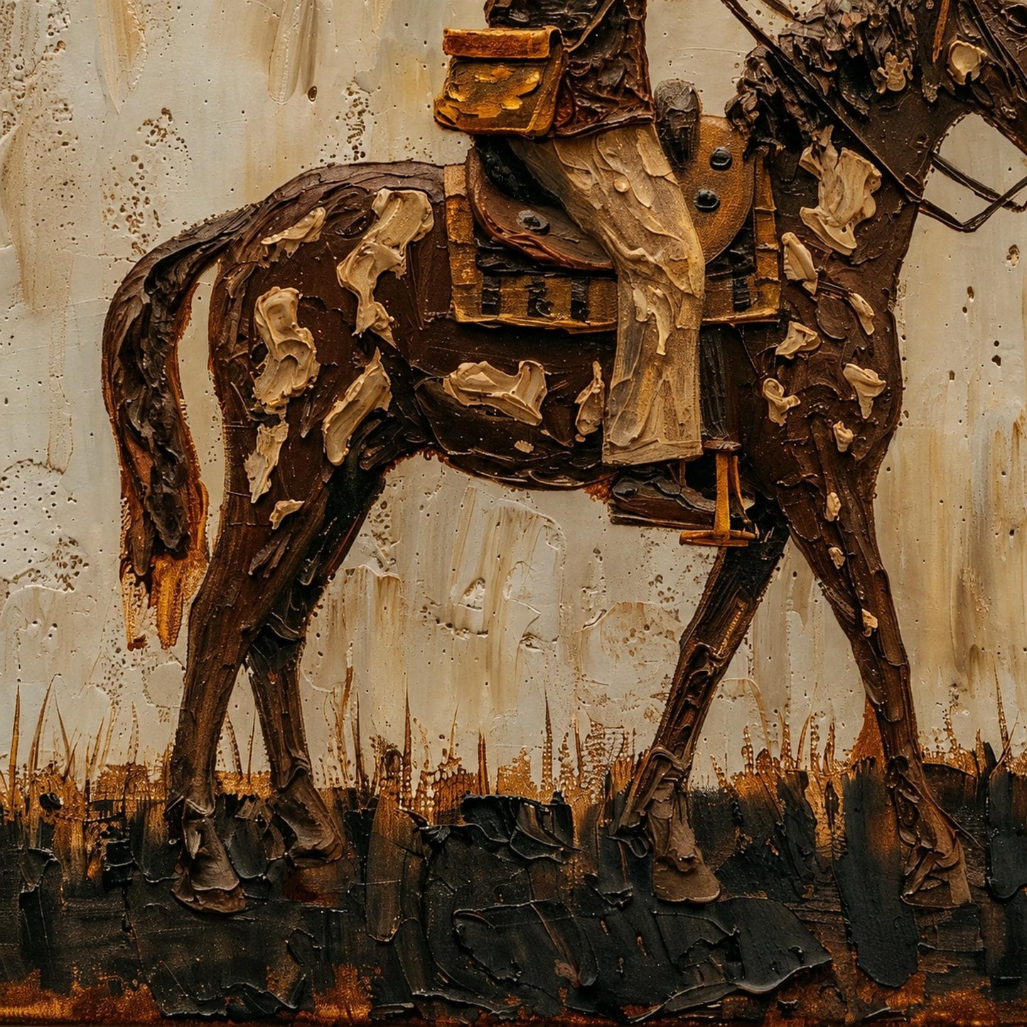 Cowboy on Spotted Horse Trumpet Painting – Gold and Cream Impasto Animal Wall Art