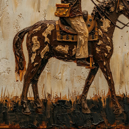 Cowboy on Spotted Horse Trumpet Painting – Gold and Cream Impasto Animal Wall Art