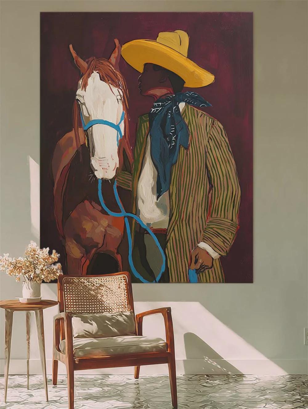 Abstract Horse Riding Oil Painting on Canvas, Original White Horse at Moonlit Night Canvas Wall Art,Abstract Cowboy Painting for Living Room
