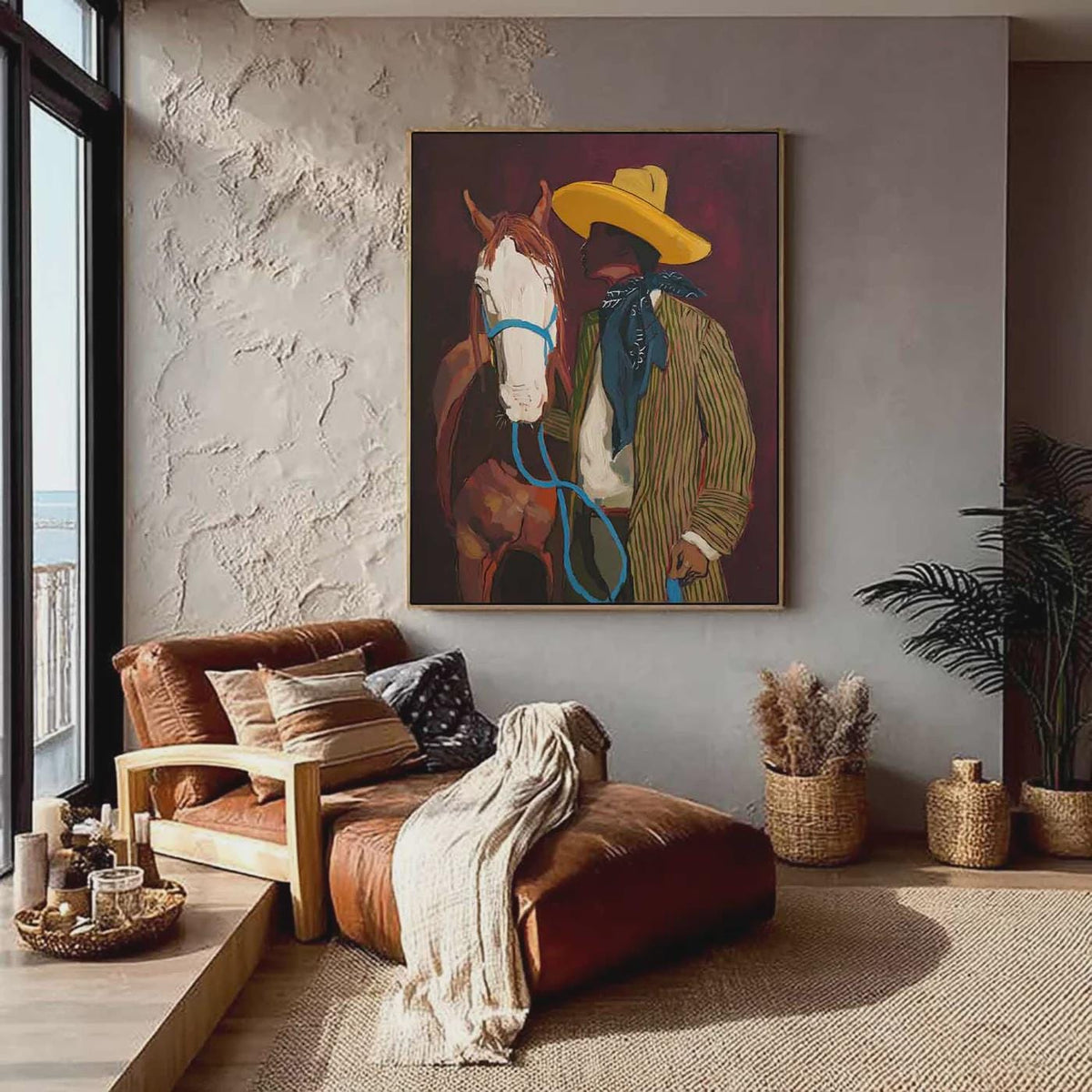 Abstract Horse Riding Oil Painting on Canvas, Original White Horse at Moonlit Night Canvas Wall Art,Abstract Cowboy Painting for Living Room