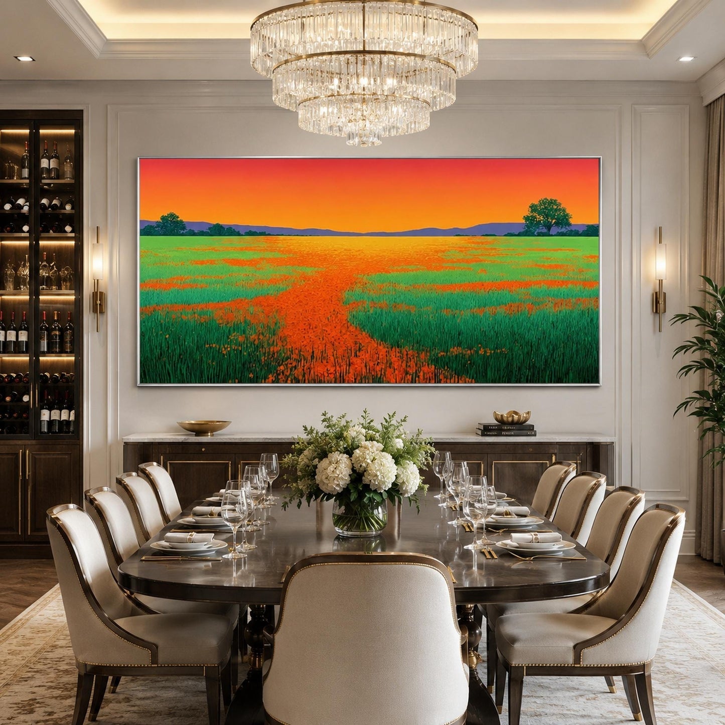 Poppy Field Sunset Painting Orange Green Canvas Panoramic Landscape Wall Art – Panoramic Colorful Poppy Floral Wall Art | Pai