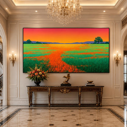 Panoramic Poppy Field Sunset Painting – Vibrant Floral Wall Art