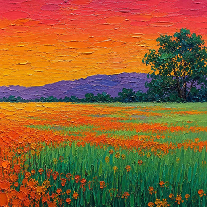 Panoramic Poppy Field Sunset Painting – Vibrant Floral Wall Art