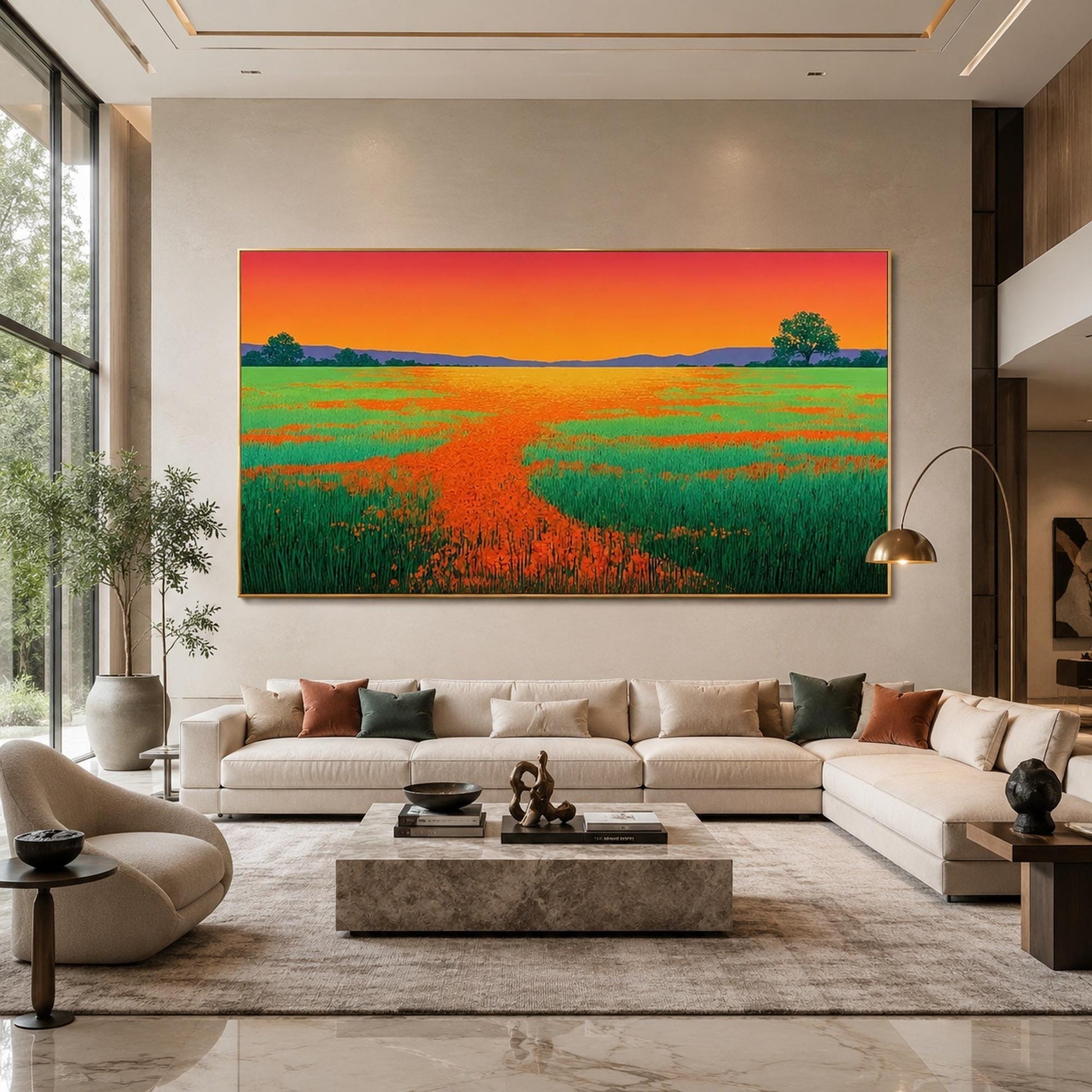 Poppy Field Sunset Painting Orange Green Canvas Panoramic Landscape Wall Art – Panoramic Colorful Poppy Floral Wall Art | Pai