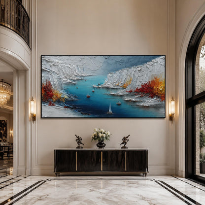 Blue and Yellow Impasto Harbor Seascape Wall Art