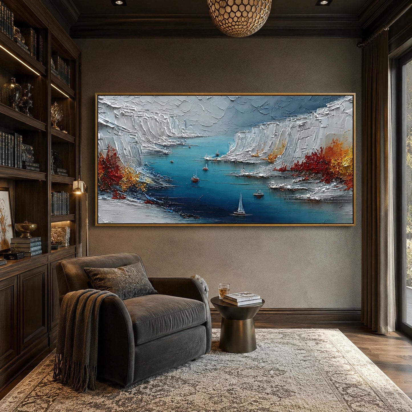 Blue and Yellow Impasto Harbor Seascape Wall Art