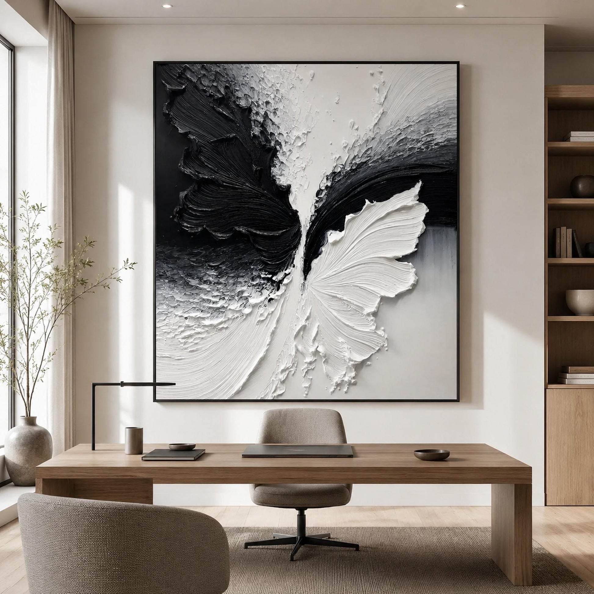 Textured Black and White Butterfly Abstract Oil Painting for Modern Minimalist Wall Art – Black and White Butterfly Animal Wa