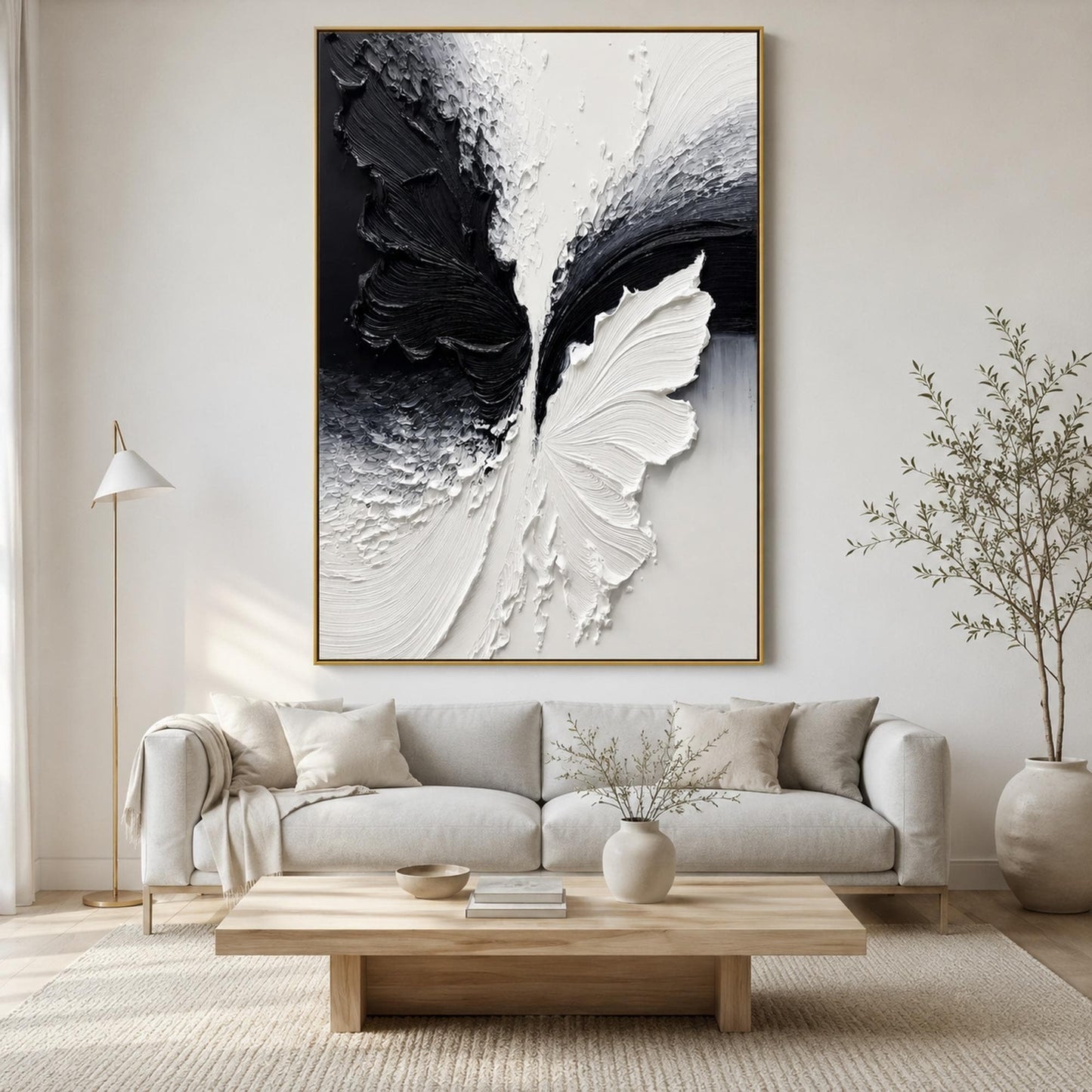 Textured Black and White Butterfly Abstract Oil Painting for Modern Minimalist Wall Art – Black and White Butterfly Animal Wa
