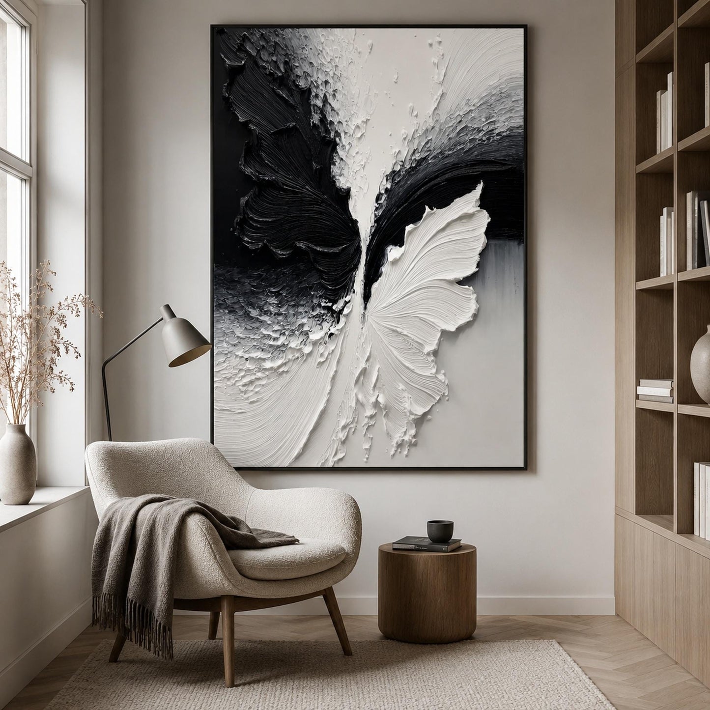 Textured Black and White Butterfly Oil Painting – Minimalist Animal Wall Art