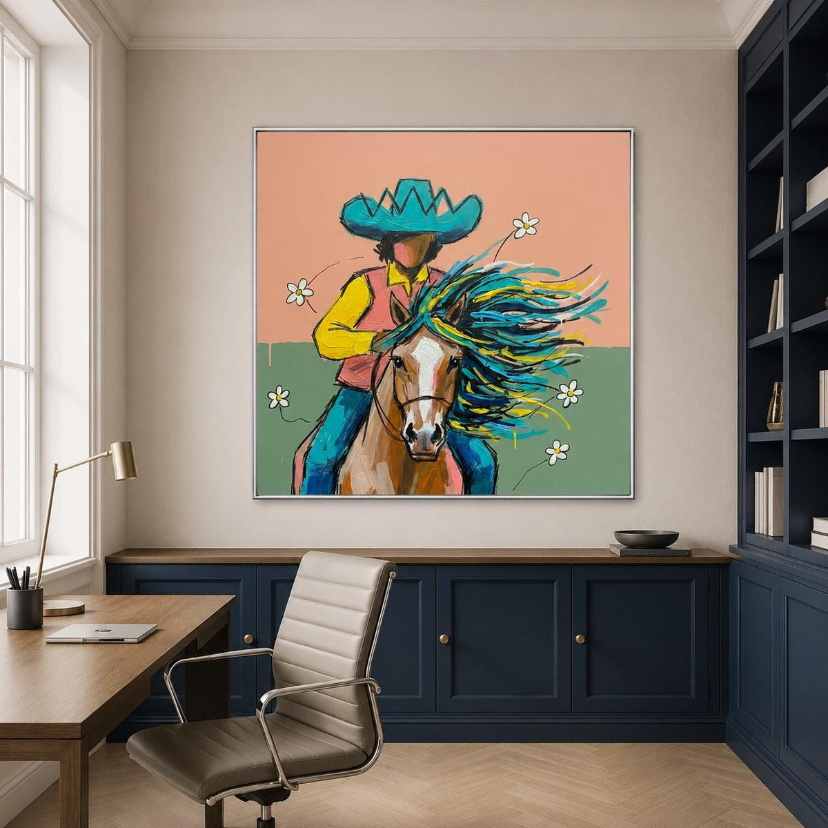 Cowboy Horse Wall Art Colorful Western Canvas Painting for Bedroom Ranch Decor