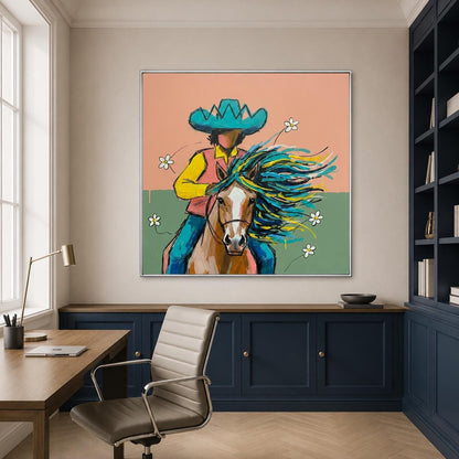 Cowboy Horse Wall Art Colorful Western Canvas Painting for Bedroom Ranch Decor