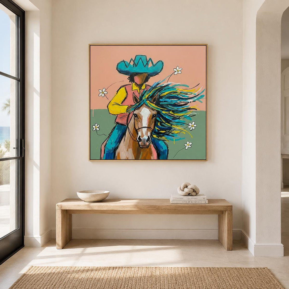 Cowboy Horse Wall Art Colorful Western Canvas Painting for Bedroom Ranch Decor