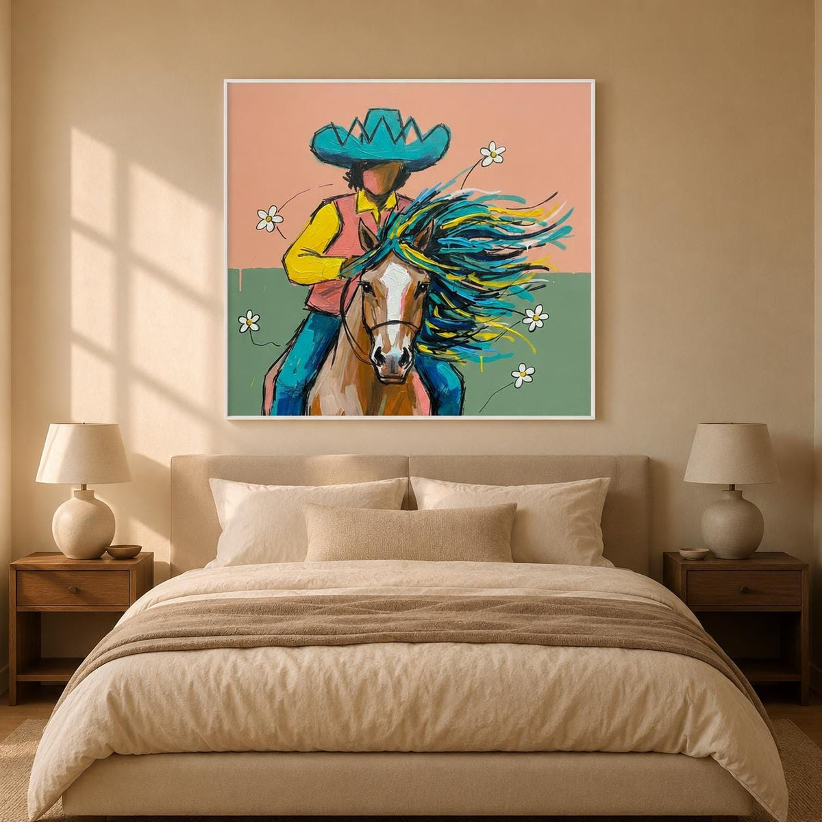 Cowboy Horse Wall Art Colorful Western Canvas Painting for Bedroom Ranch Decor