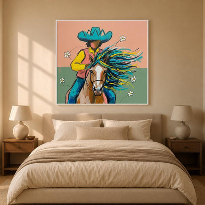 Cowboy Horse Wall Art Colorful Western Canvas Painting for Bedroom Ranch Decor