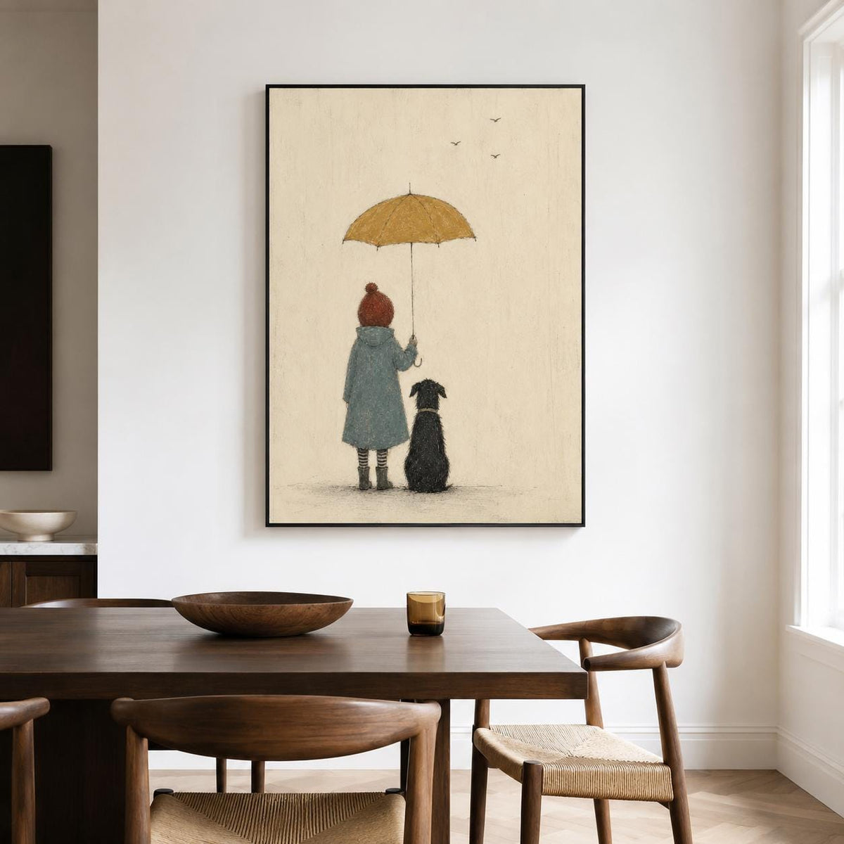 May include: A framed wall art print featuring a textured illustration of a person in a blue coat and red hat standing under a yellow umbrella next to a black dog. The background is a light cream color with three small birds flying in the distance.