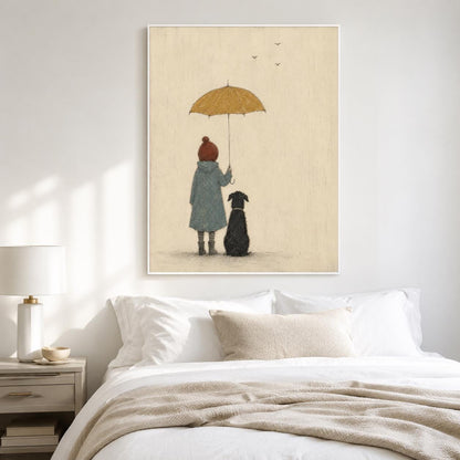May include: A framed wall art print featuring a child in a blue coat and red hat standing under a yellow umbrella next to a black dog. The background is a textured cream color with three small birds flying in the upper portion of the illustration.