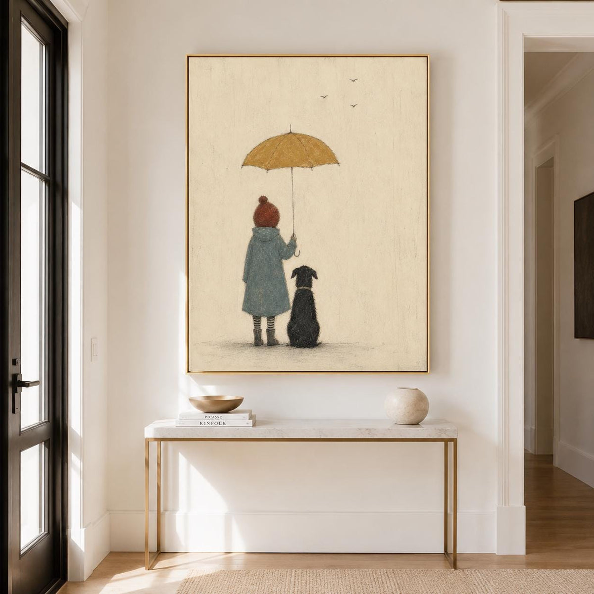 May include: A framed wall art print featuring a child in a blue coat and red hat holding a yellow umbrella, standing next to a black dog. The illustration is set against a light beige background with three small birds flying in the distance.