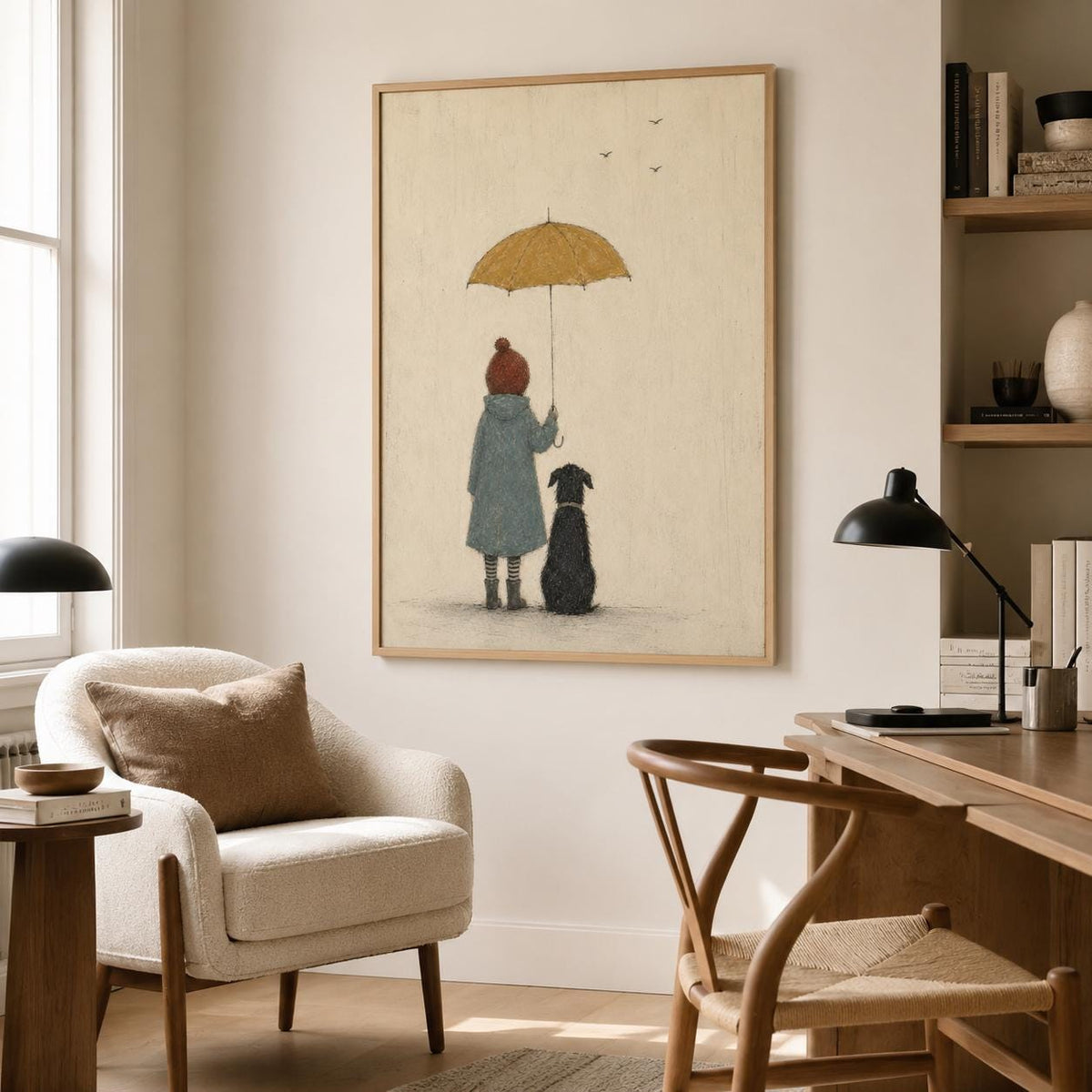 May include: A framed wall art print featuring a child in a blue coat and red hat holding a yellow umbrella, standing next to a black dog. The illustration is set against a light beige background with three small birds flying in the distance.