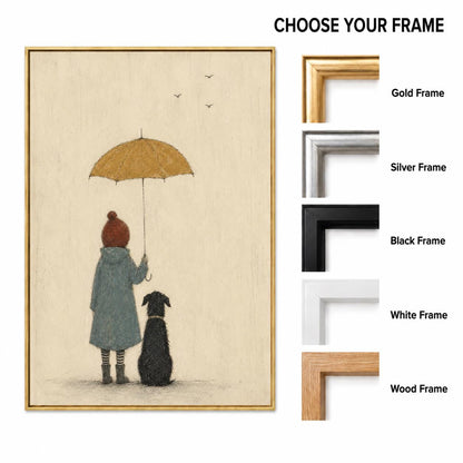 May include: A framed wall art print featuring a child in a blue coat and striped socks holding a yellow umbrella, standing next to a black dog. The text CHOOSE YOUR FRAME is displayed next to five frame options: Gold, Silver, Black, White, and Wood.