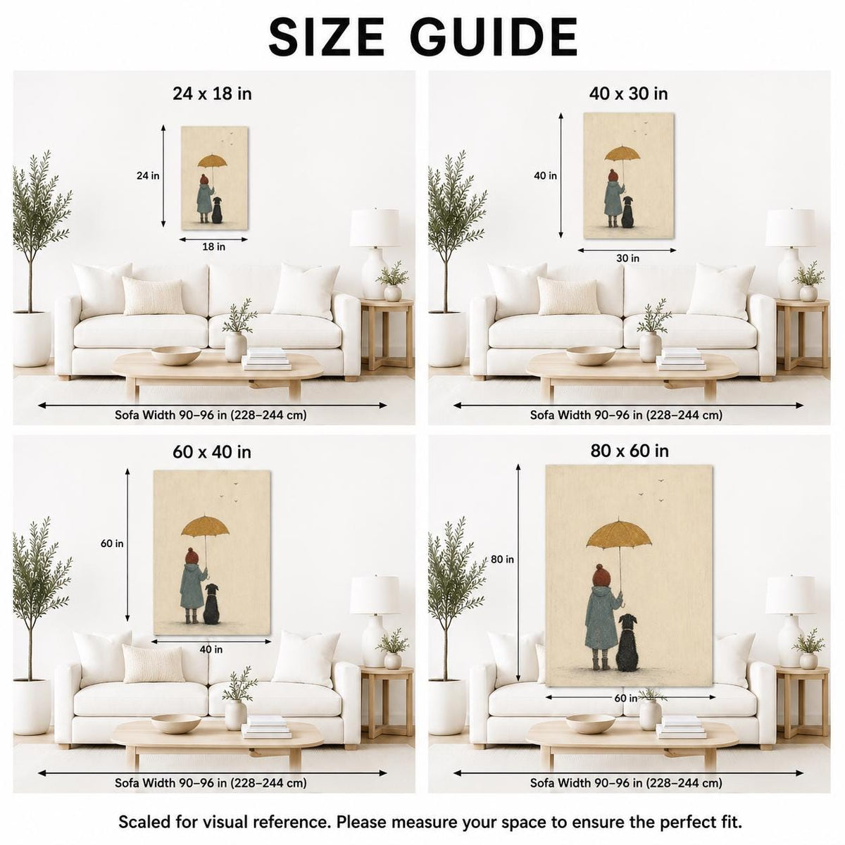 May include: A size guide for wall art featuring four room mockups with a print of a person and a dog under an umbrella. The sizes shown are 24x18 in, 40x30 in, 60x40 in, and 80x60 in. The text reads SIZE GUIDE and Scaled for visual reference.